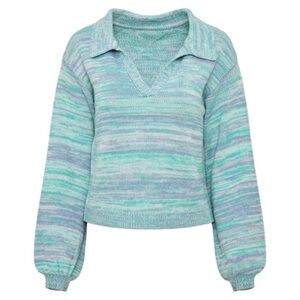 525 America Lattice Split Neck Collar Pull Over In Cyan Multi